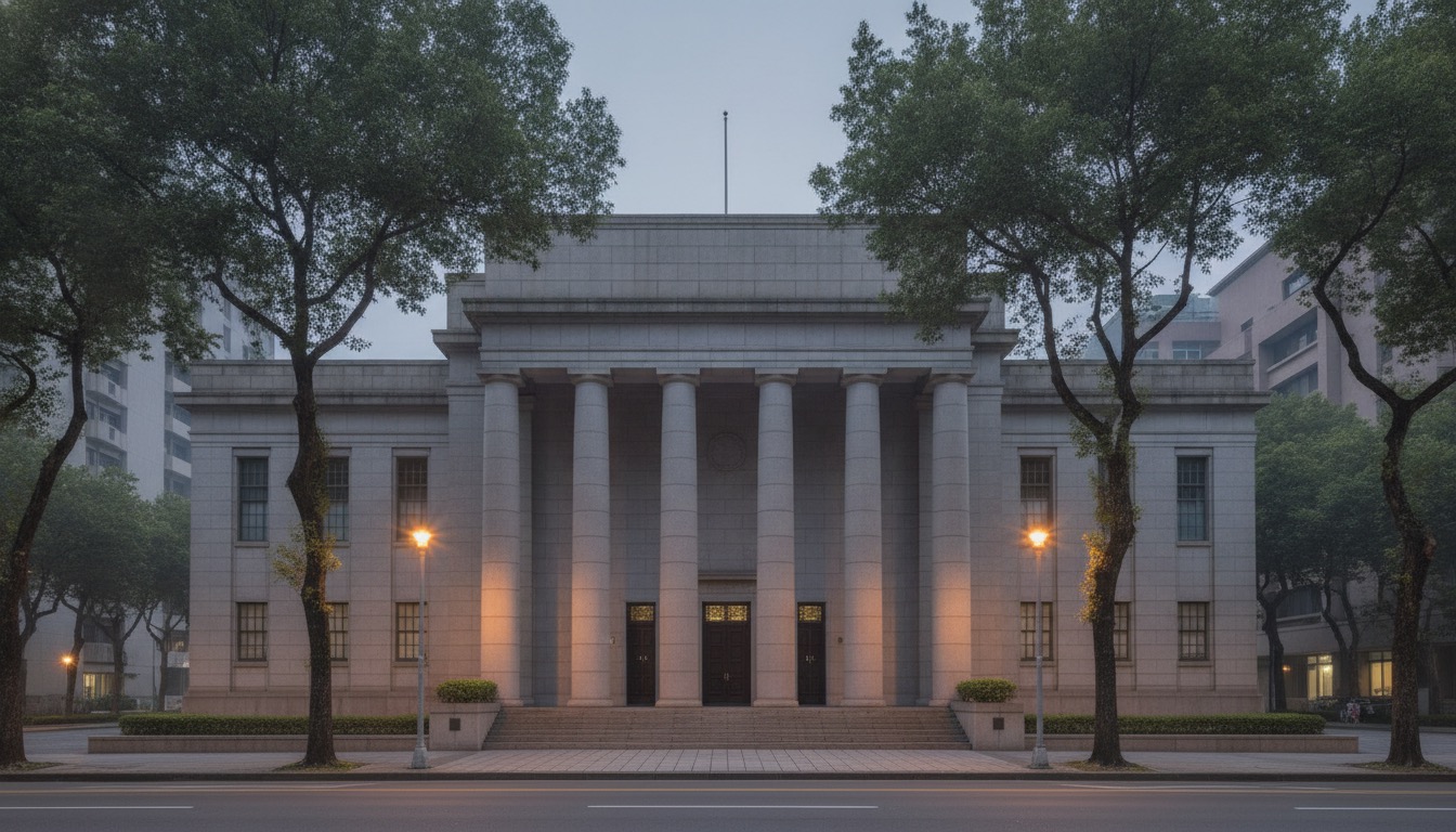 黃昏街燈下的石造機關建築與林蔭大道
