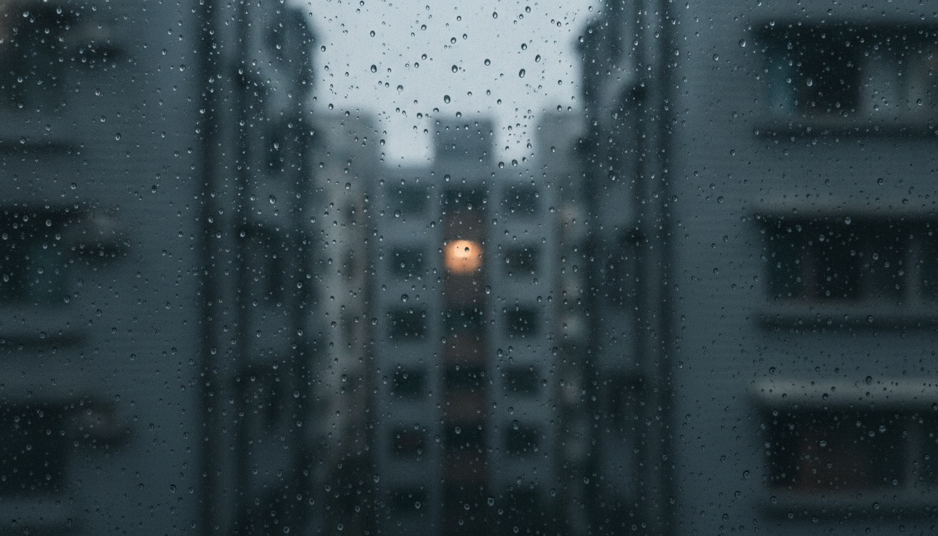 窗上雨滴與窗外公寓的一扇暖燈