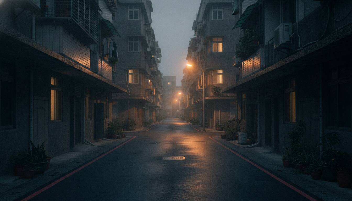 深夜安靜的公寓街道與一盞路燈