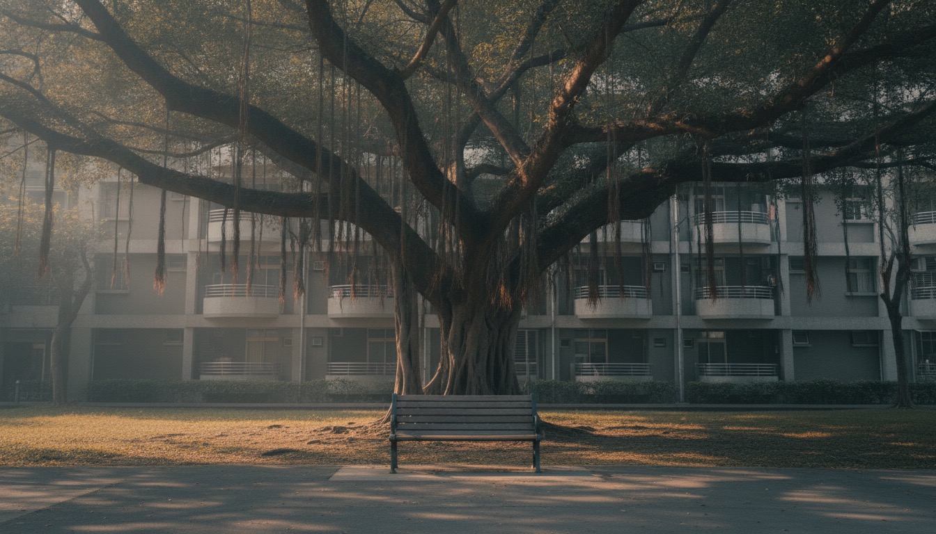 榕樹下的公園長椅與斑駁光影
