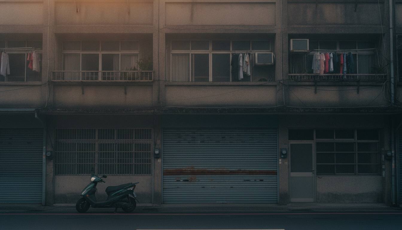 清晨拉下鐵捲門的街屋與騎樓機車