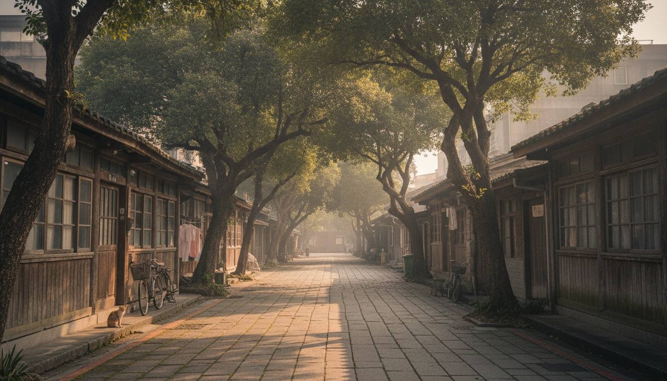 嘉義市老街低層老屋與行道樹午後