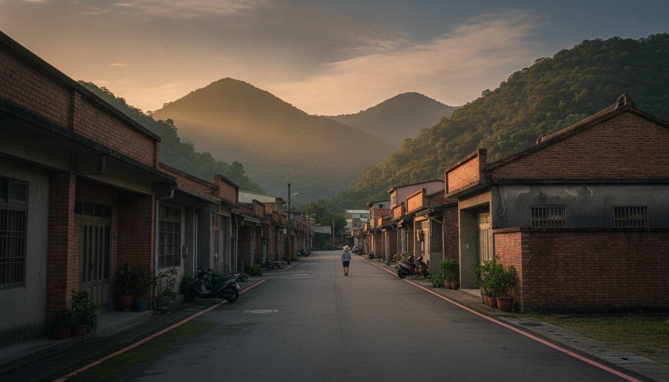 新竹縣小鎮街道與青翠丘陵晨景