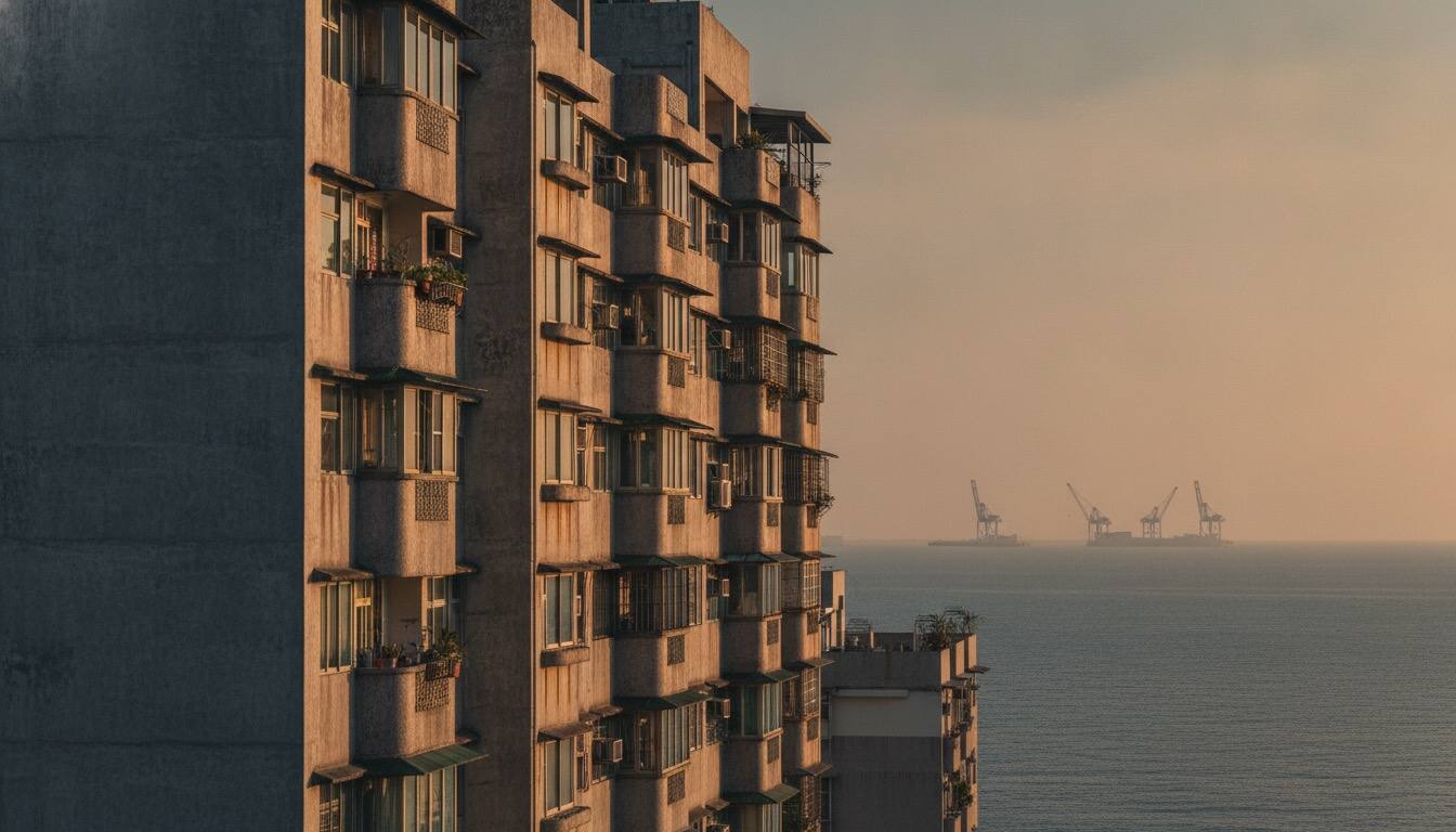 高雄港區住宅夕陽與遠方港口吊車剪影