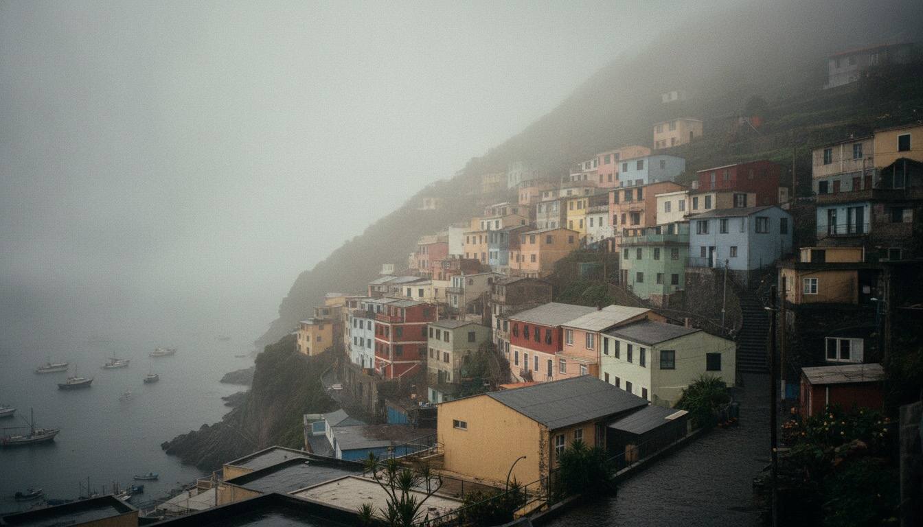 基隆山坡層疊房屋與雨霧港灣