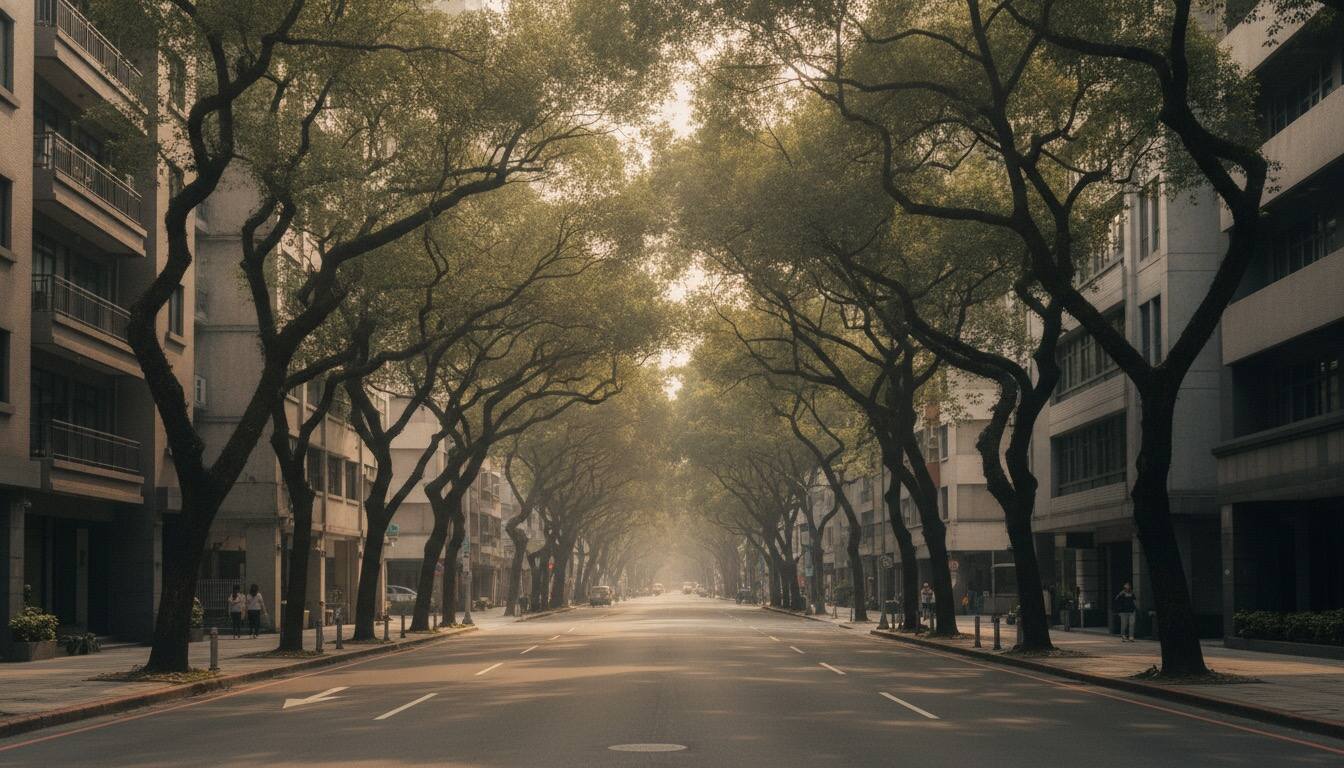 台中林蔭大道與中層住宅午後街景