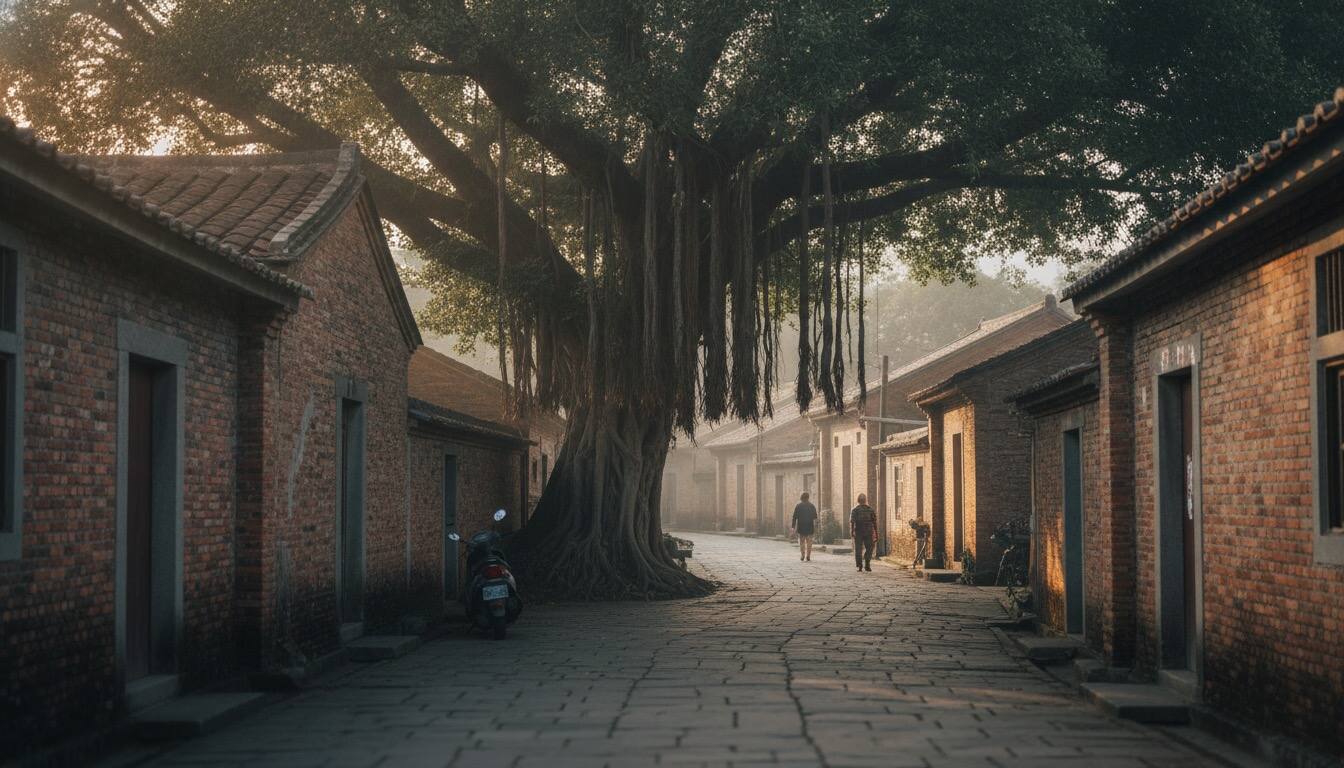 台南老城巷弄紅磚老屋與榕樹晨光