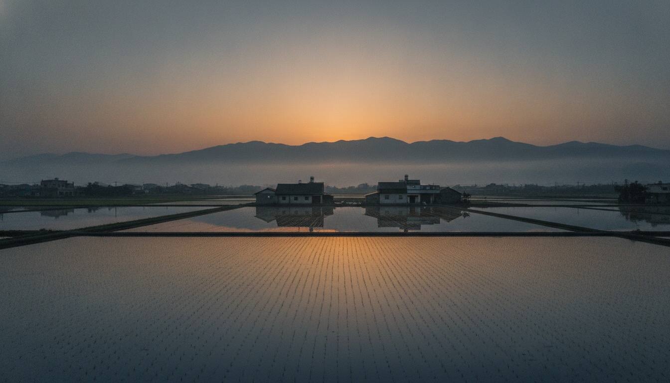 宜蘭平原水田倒映天空與農舍遠山