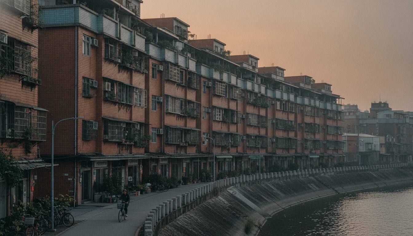 三重河堤旁的公寓群與堤防步道