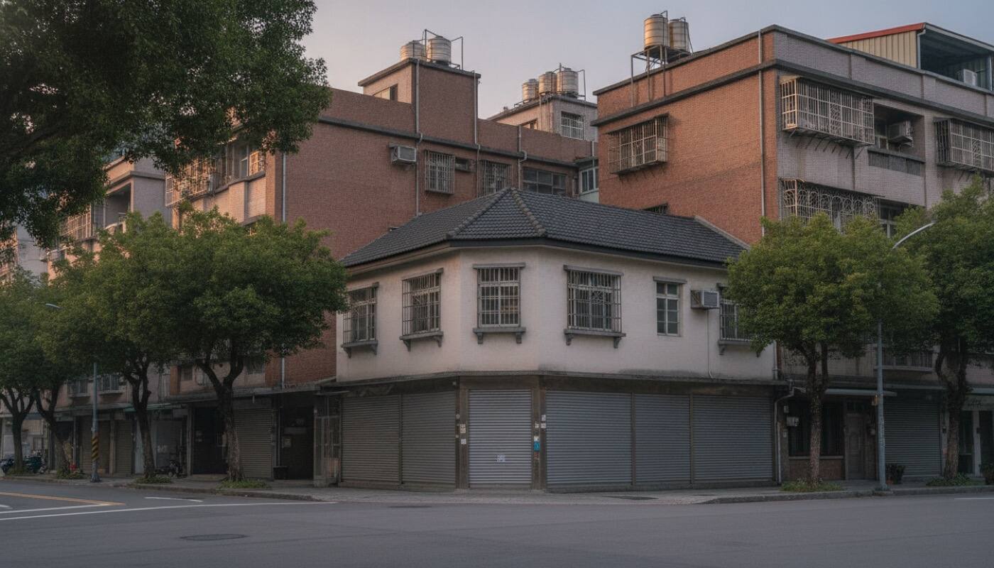 黃昏時分的台灣住宅街角，轉角老屋與中層磁磚公寓亮起暖燈——房貸金融的市場現場意象