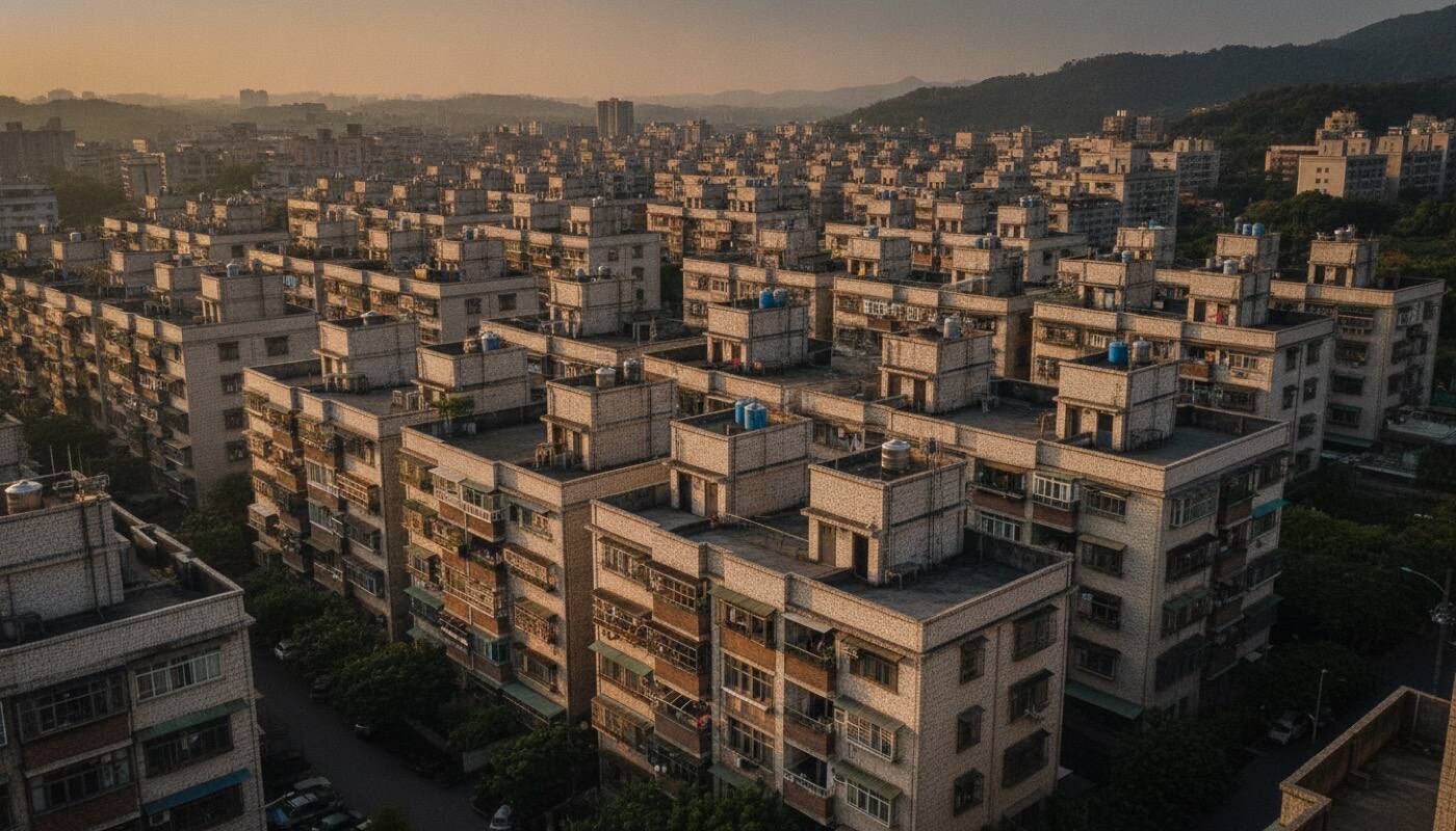 俯瞰台灣密集住宅社區的屋頂與水塔，遠方山景霧色——交易量價的市場縮影