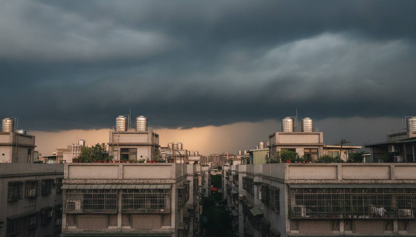 暴雨雲籠罩台灣住宅天際線，一線陽光仍照在公寓外牆——風險預警意象