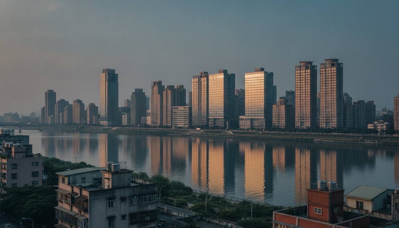 藍調時刻的河岸金融區天際線與水面倒影——國際資金流向意象
