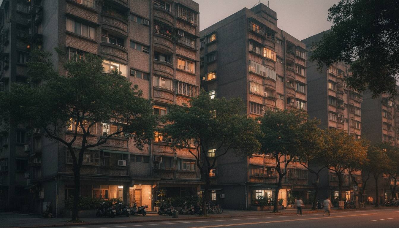 社區公寓黃昏亮起的窗燈