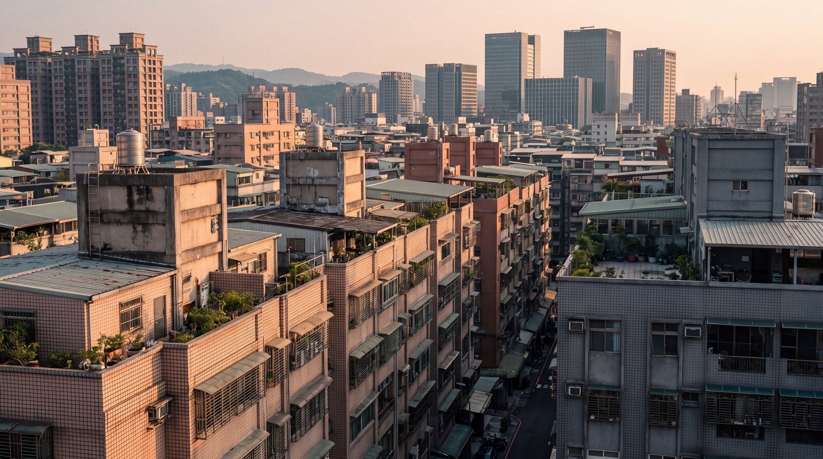 黃金時刻的台灣城市天際線與住宅大樓