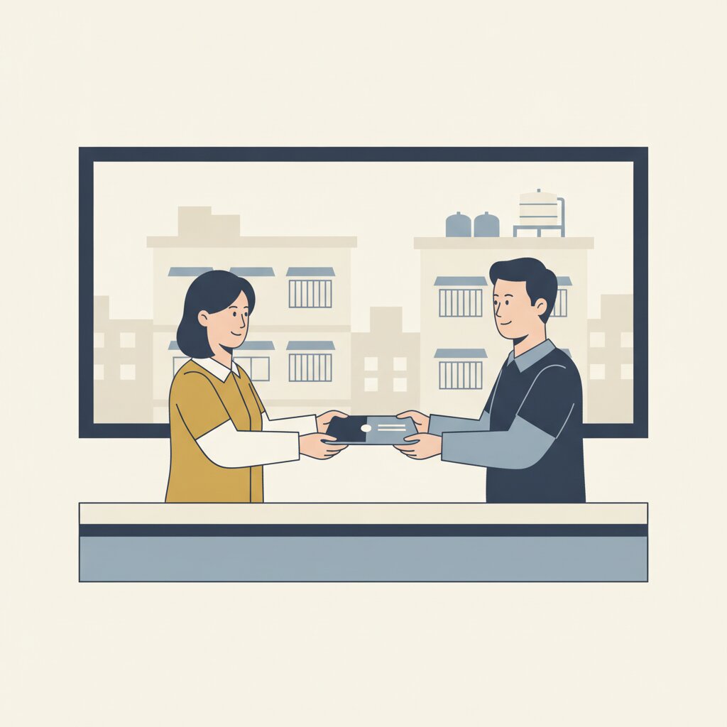 銀行櫃檯人員把資料夾交給屋主,完成撥款