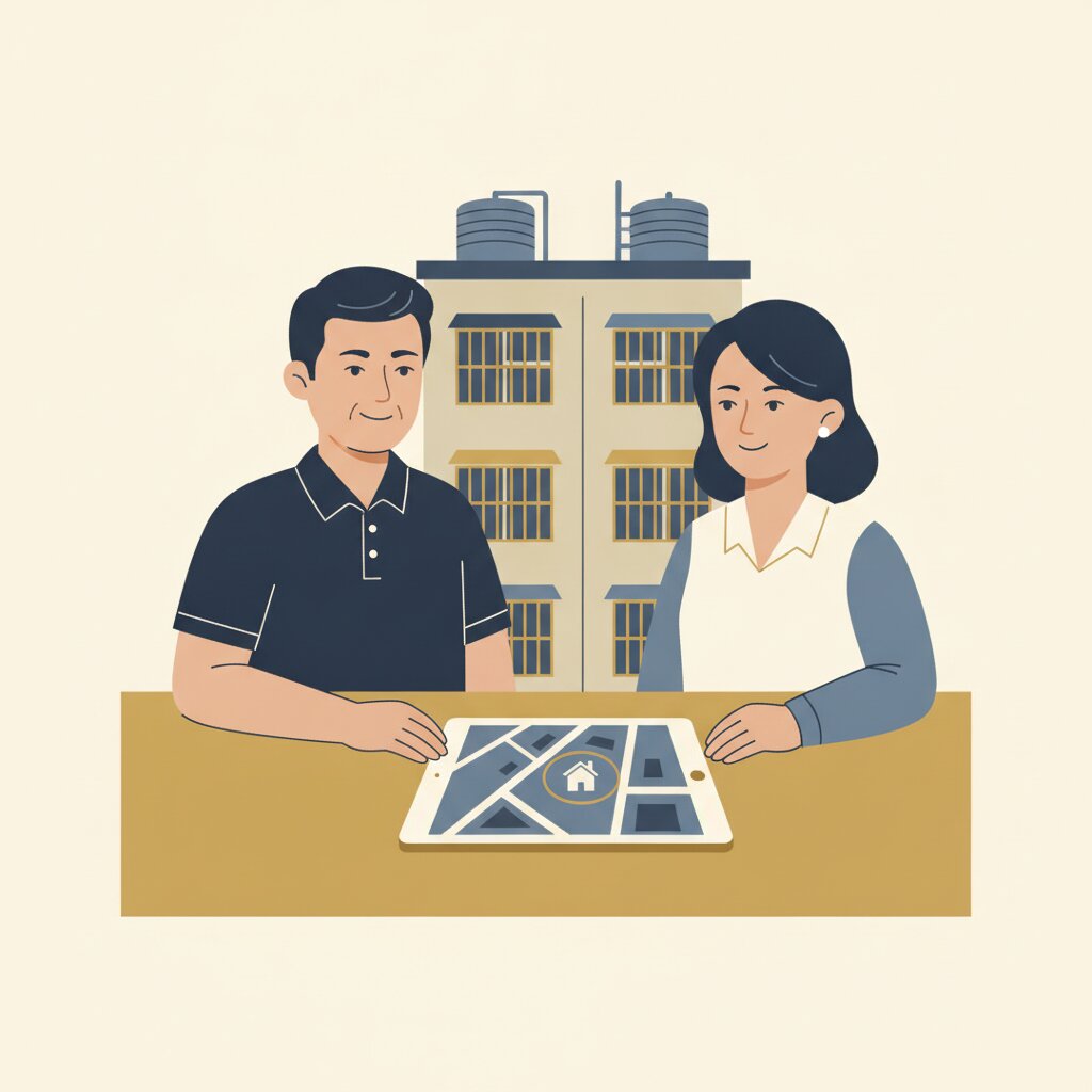 屋主與顧問坐在桌前,平板上顯示房子周邊地圖