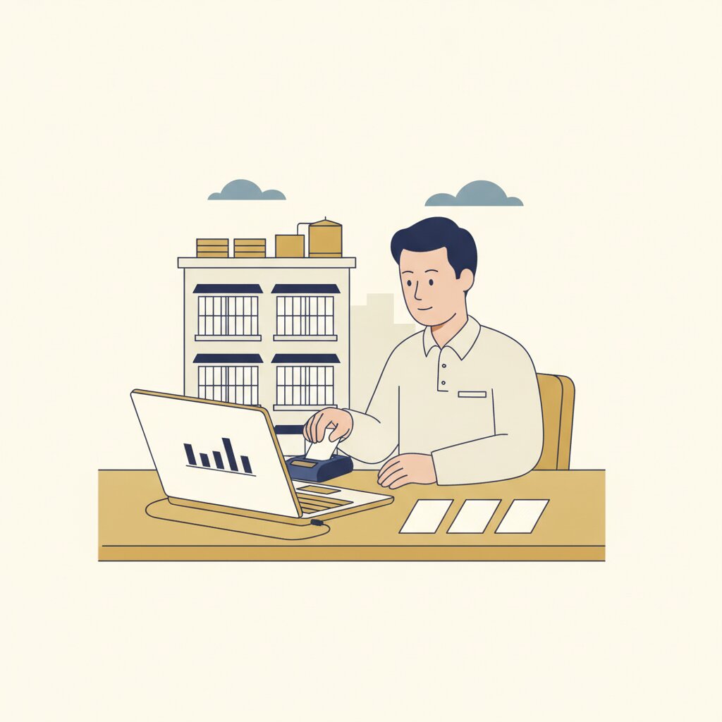 屋主用讀卡機插入憑證卡,桌上攤著幾張單據