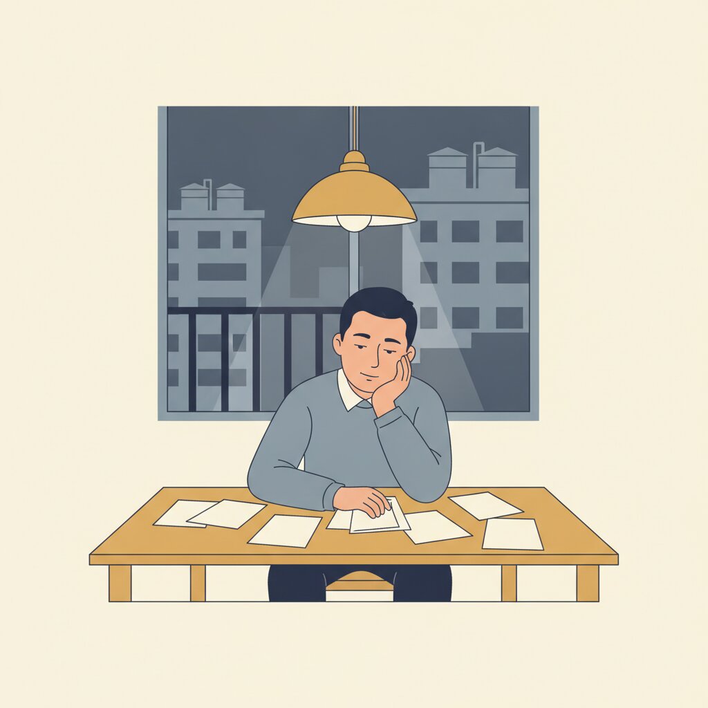 屋主深夜獨自坐在餐桌前,桌上攤滿單據