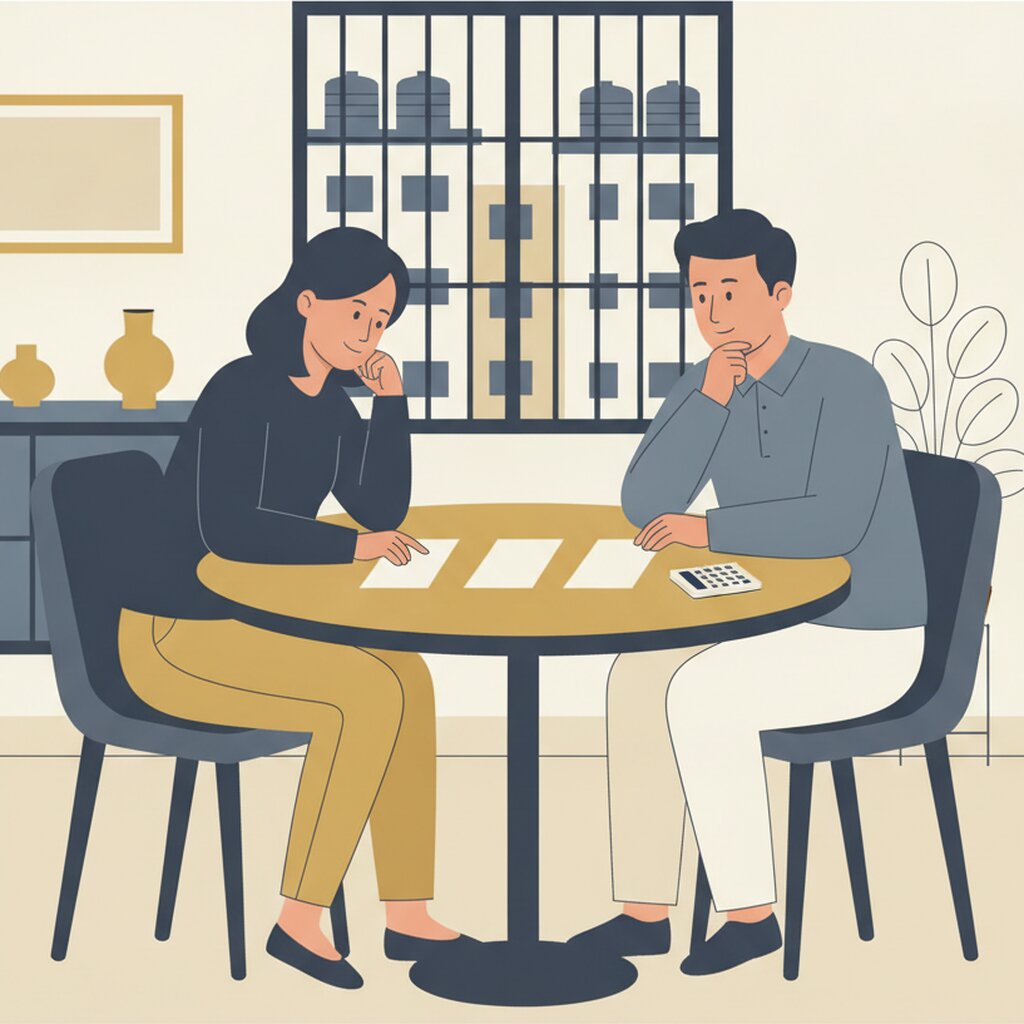 夫妻坐在餐桌前，桌上攤著幾張帳單