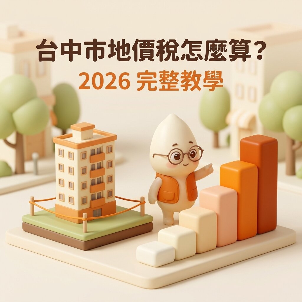 米米站在界樁圍起的土地與住宅模型旁,指著六級遞增的階梯說明累進稅率,上方寫著「台中市地價稅怎麼算?2026 完整教學」
