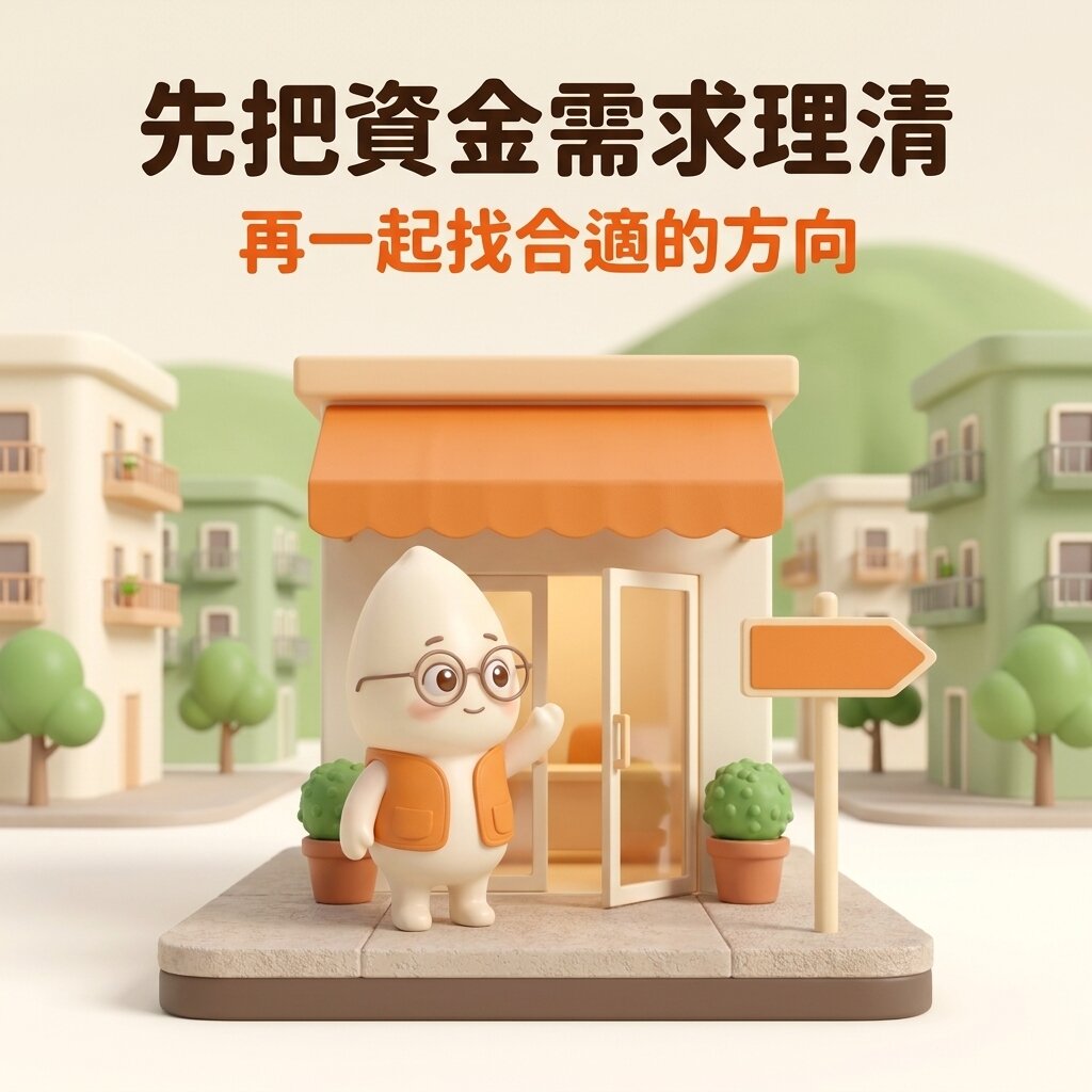米米站在掛著橘色遮陽棚的小店門口，朝街道方向揮手迎接，旁邊立著空白的箭頭路牌，背景是簡化的中和街景，上方寫著「先把資金需求理清，再一起找合適的方向」