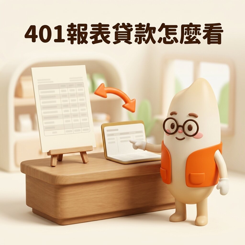 米米站在小店櫃檯前，指著攤開的空白存摺，旁邊的畫架立著一張空白的401報表，兩者之間有一個橘色雙向箭頭，上方寫著「401報表貸款怎麼看」