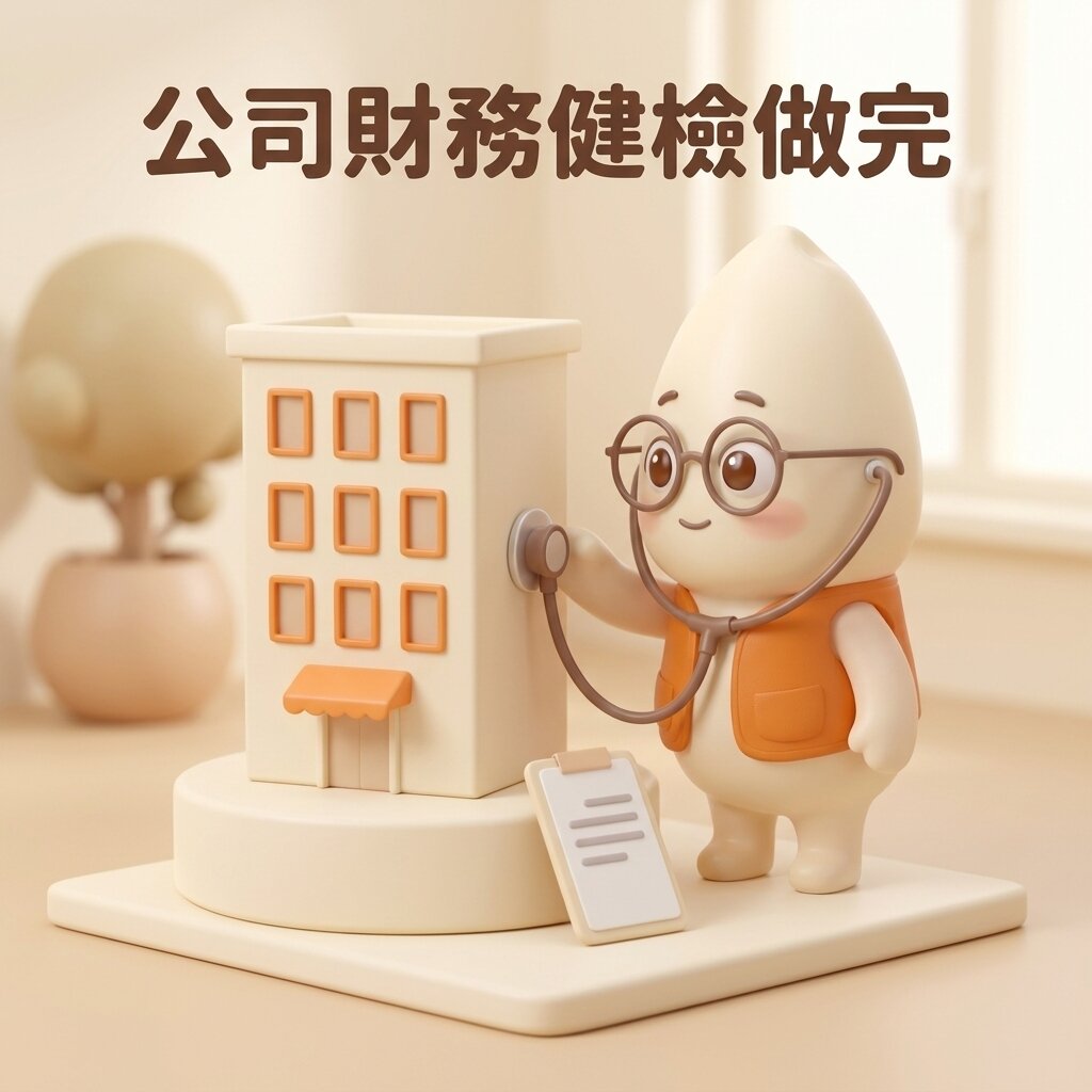 米米拿著聽診器，貼在小型公司大樓模型的牆上做體質檢查，旁邊靠著一塊只有灰線的空白夾板，上方寫著「公司財務健檢做完」