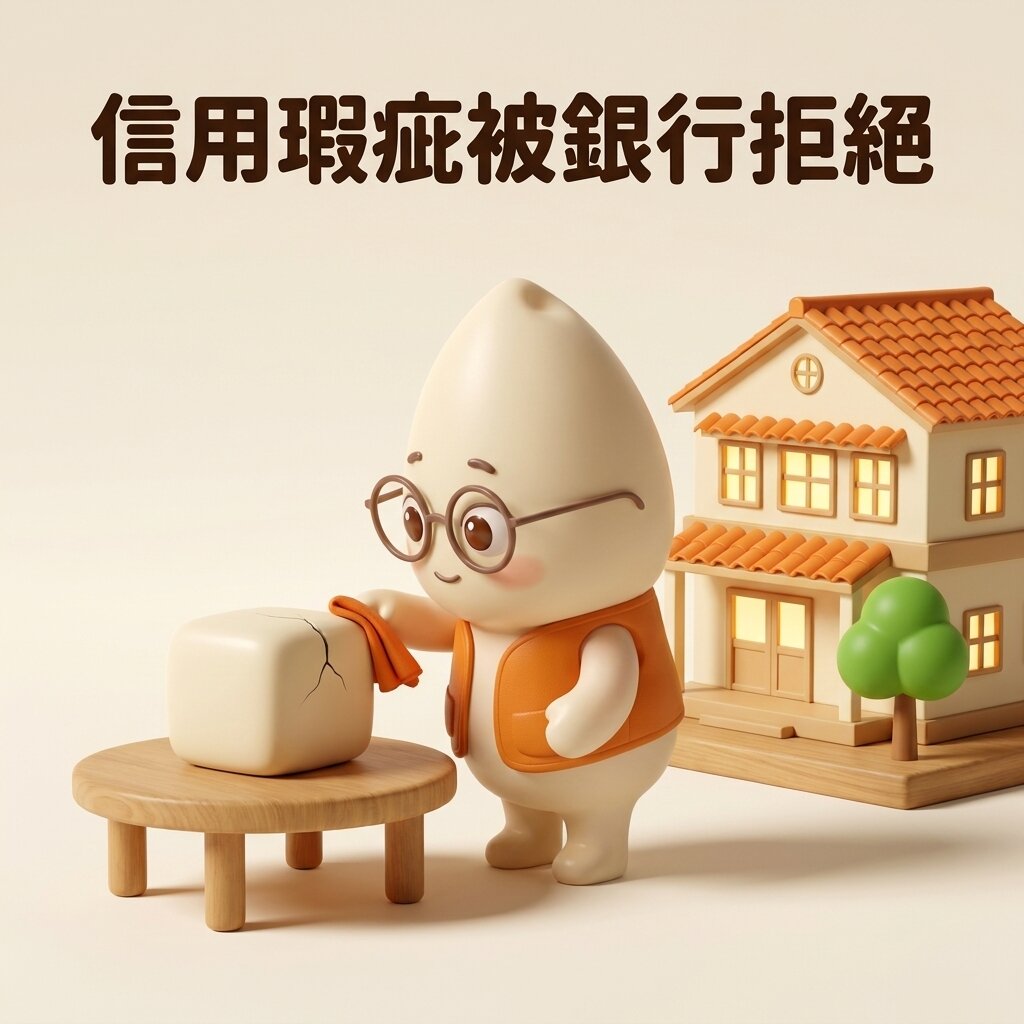 米米拿著橘色小布，輕輕擦拭木桌上一塊有細裂痕的米色方塊，後方是亮著燈的兩層樓住宅模型，上方寫著「信用瑕疵被銀行拒絕」
