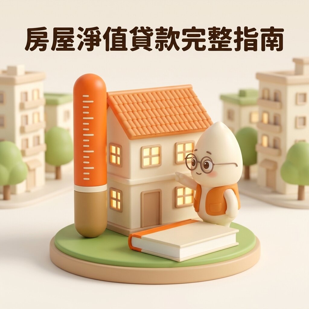 米米站在亮著燈的兩層樓住宅模型旁,指著一旁上橘下金的直立量尺,前方放著一本空白封面的指南書,上方寫著「房屋淨值貸款完整指南」