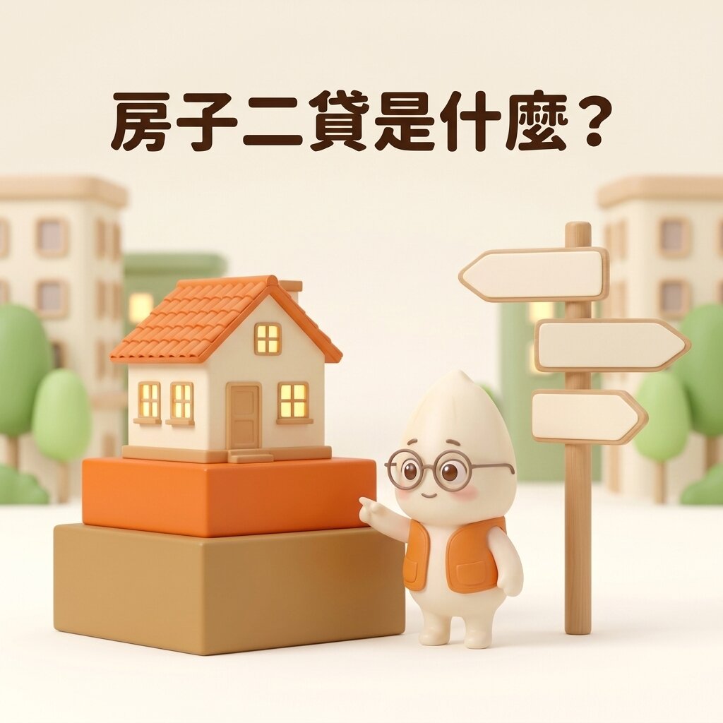 米米站在雙層底座旁，指著托著小房子模型的上層橘色底座，右邊是三面空白的木製路標，上方寫著「房子二貸是什麼？」