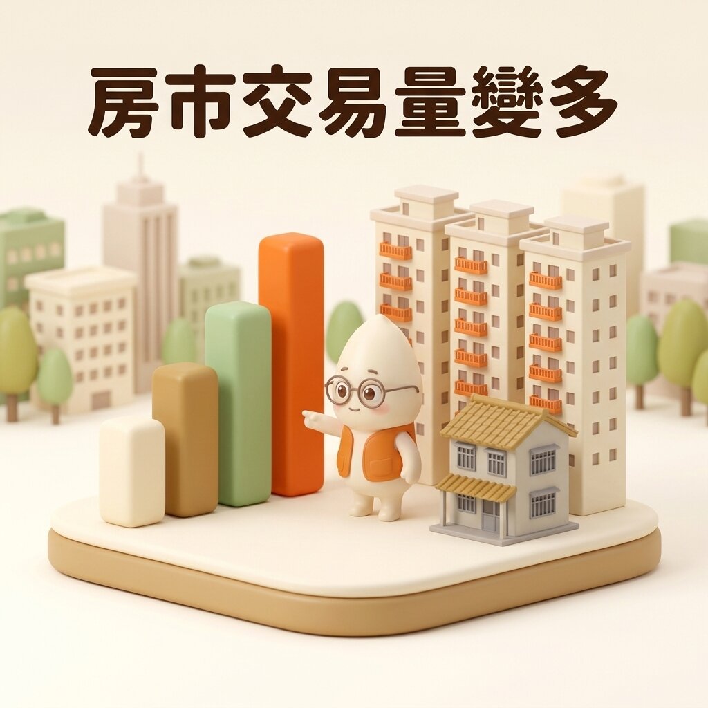 米米站在四根由矮到高的長條圖柱旁，指著最高的橘色柱子，右側是三棟並排的新成屋大樓與前方一棟老舊的兩層樓房，上方寫著「房市交易量變多」