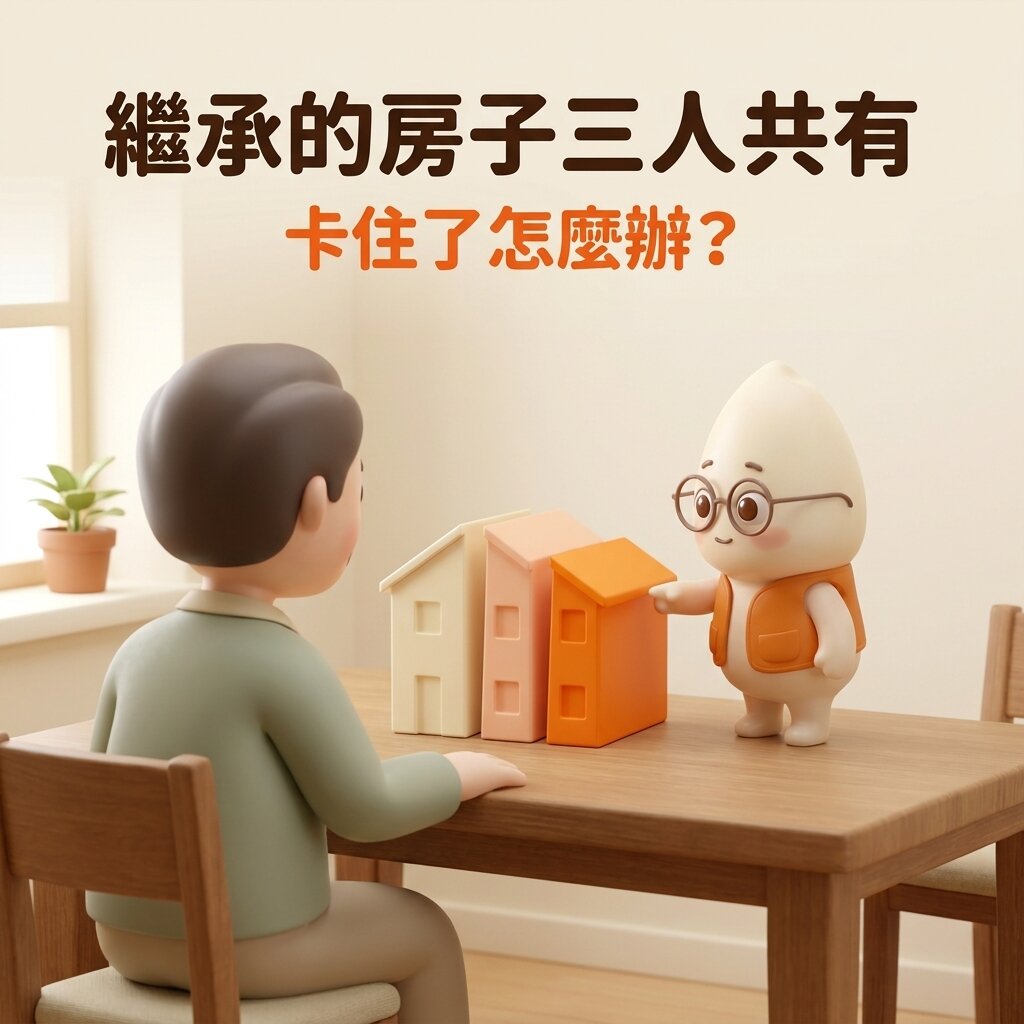 示意情境：屋主坐在老家餐桌前，米米站在桌上指著被切成三片、彼此分開的房子模型，向屋主說明三人共有卡住的狀況，上方寫著「繼承的房子三人共有 卡住了怎麼辦？」