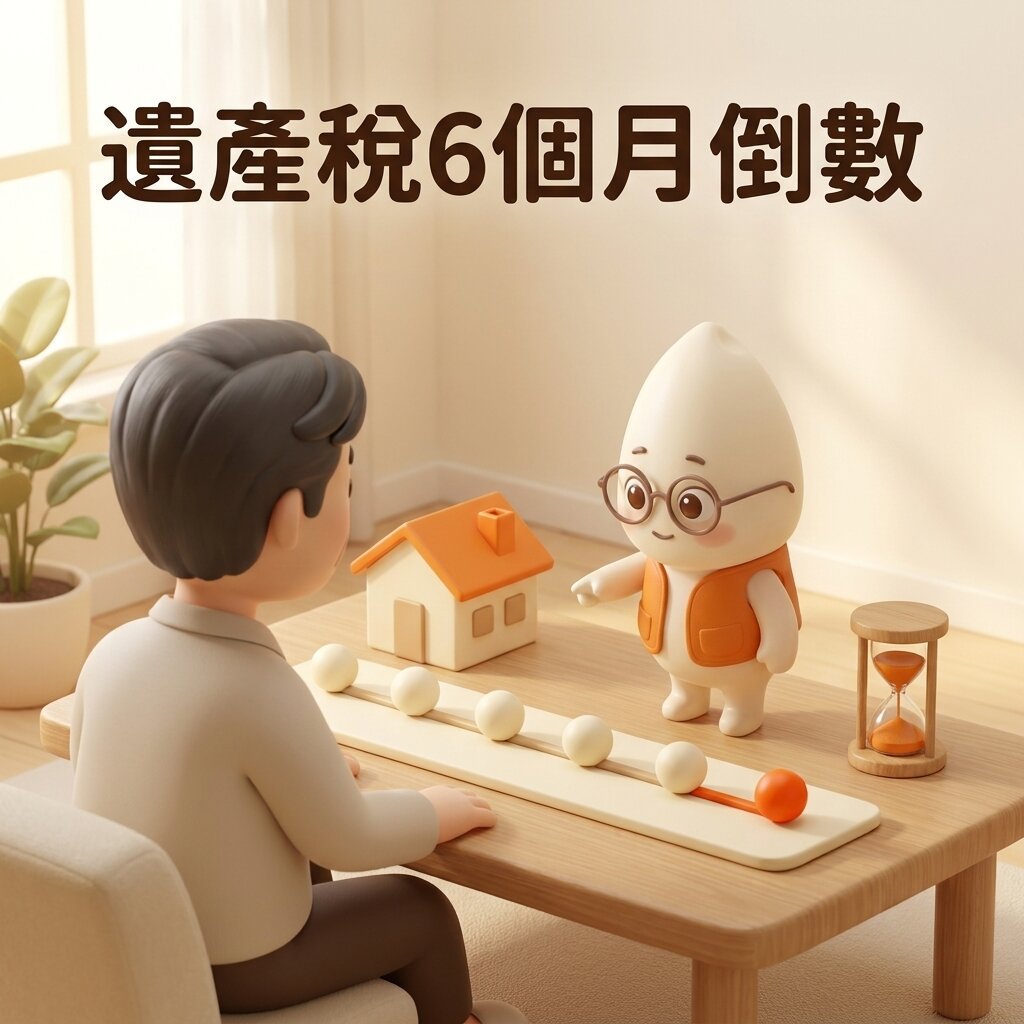 示意情境：屋主背對鏡頭坐在矮桌前，米米站在桌上朝屋主解說，指向桌上的小房子模型與一條有六顆圓珠的時間軸，一旁放著沙漏，上方寫著「遺產稅6個月倒數」