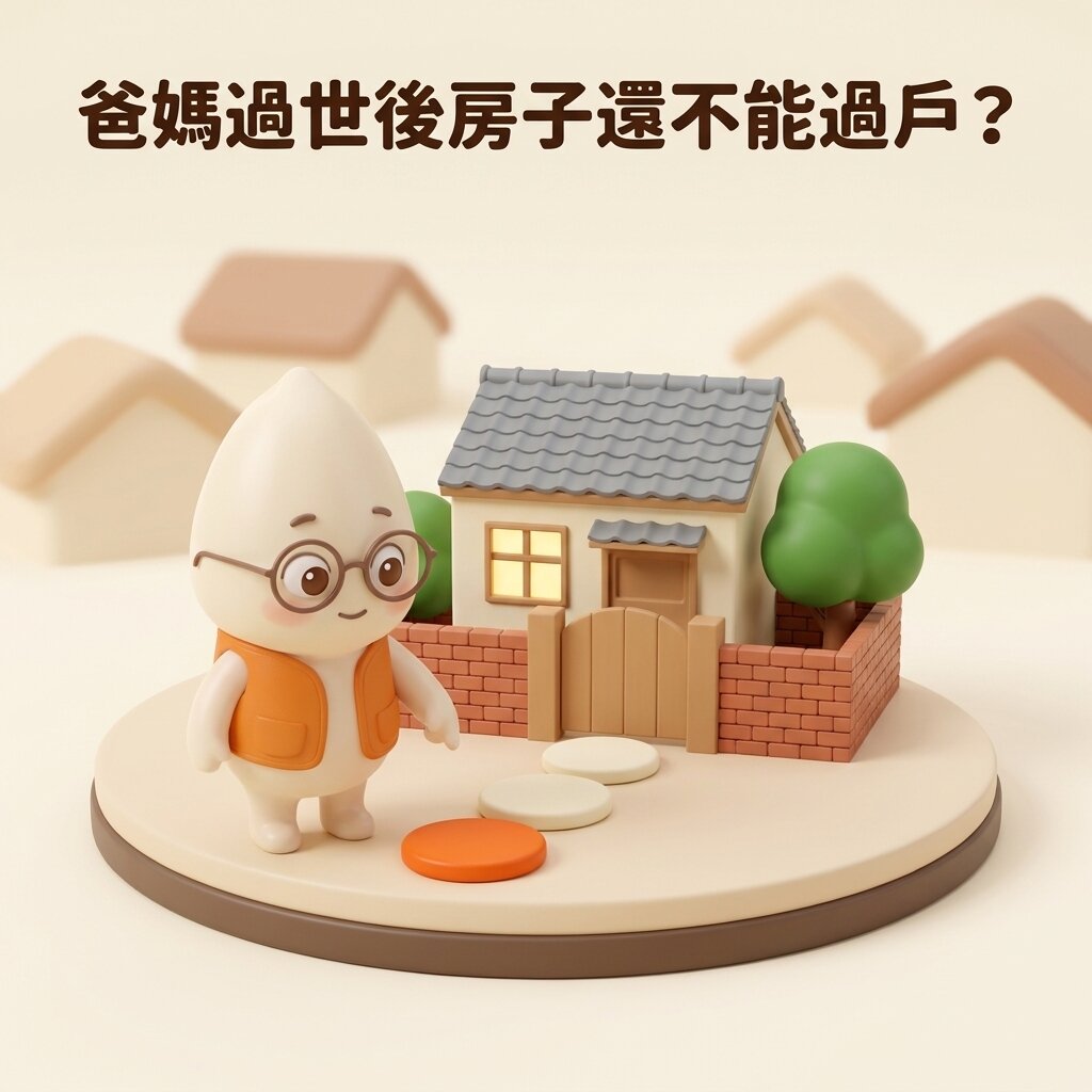 米米站在老家紅磚圍牆和木門前方，指著腳邊通往門口的三塊踏腳石中第一塊橘色的石頭，上方寫著「爸媽過世後房子還不能過戶？」
