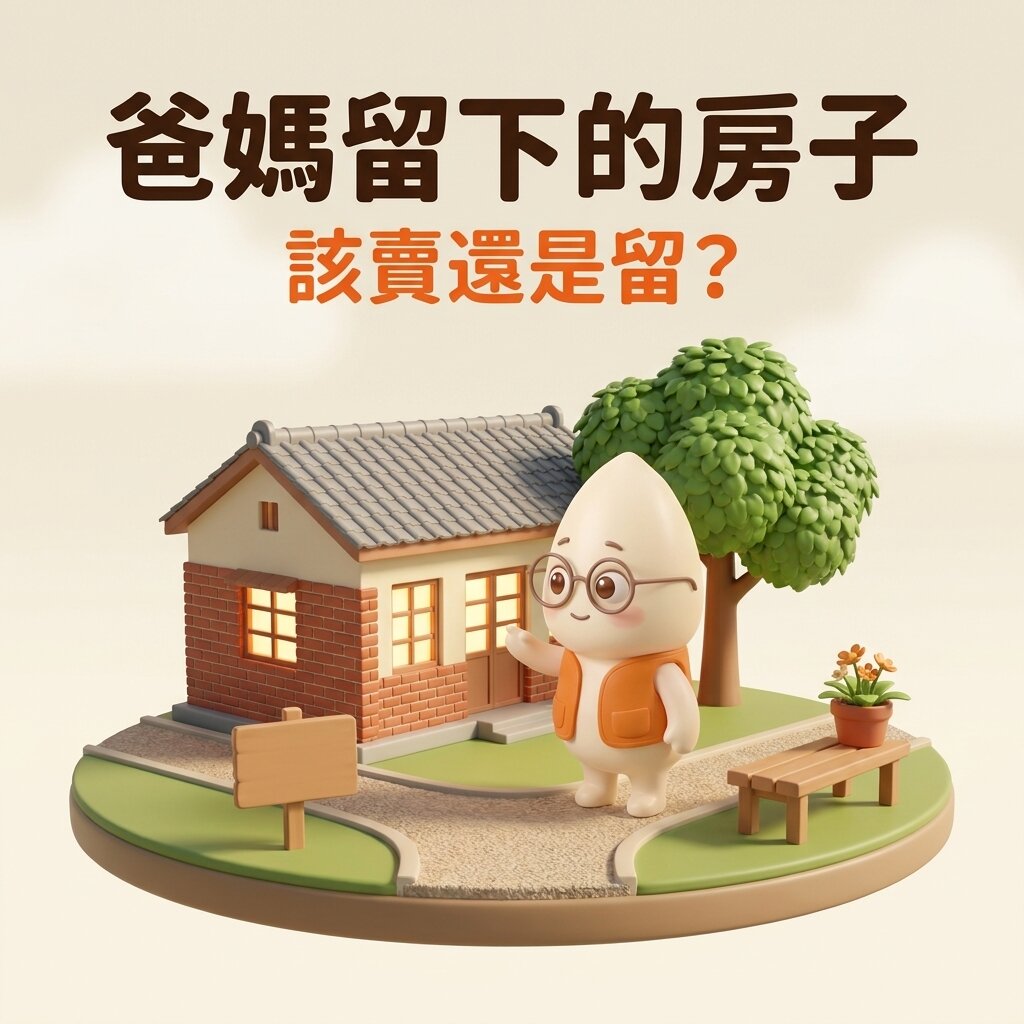 米米站在老家紅磚平房前的岔路口，指著亮著燈的老家，左邊小路通往一塊空白木牌、右邊通往屋旁的長椅，上方寫著「爸媽留下的房子 該賣還是留？」