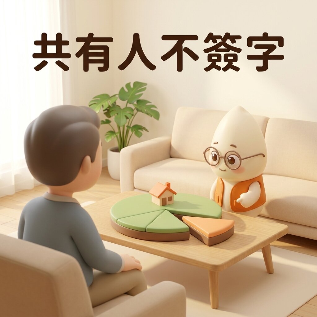 示意情境：屋主坐在客廳沙發上，米米站在矮桌另一側，指著切成數塊、其中一塊被抽出的土地圓盤和上面的小房子，向屋主說明持分，上方寫著「共有人不簽字」