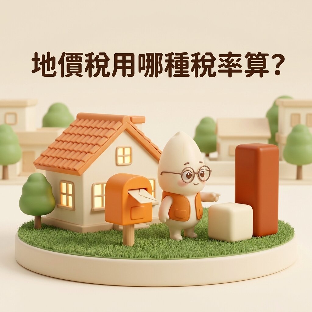 米米站在亮著燈的小住宅與橘色信箱旁，指著草地上一矮一高的兩個方塊，信箱口露出一封空白信封，上方寫著「地價稅用哪種稅率算？」