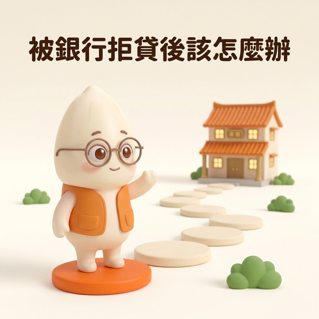 米米站在橘色的第一塊踏石上，望向一排米色踏石通往遠處亮著燈的住宅模型，上方寫著「被銀行拒貸後該怎麼辦」