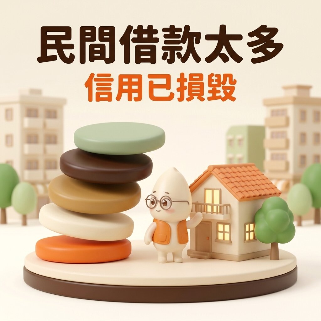 米米一手扶著亮著燈的小屋牆角，身旁是一疊歪斜快倒的五片彩色圓盤，上方寫著「民間借款太多、信用已損毀」