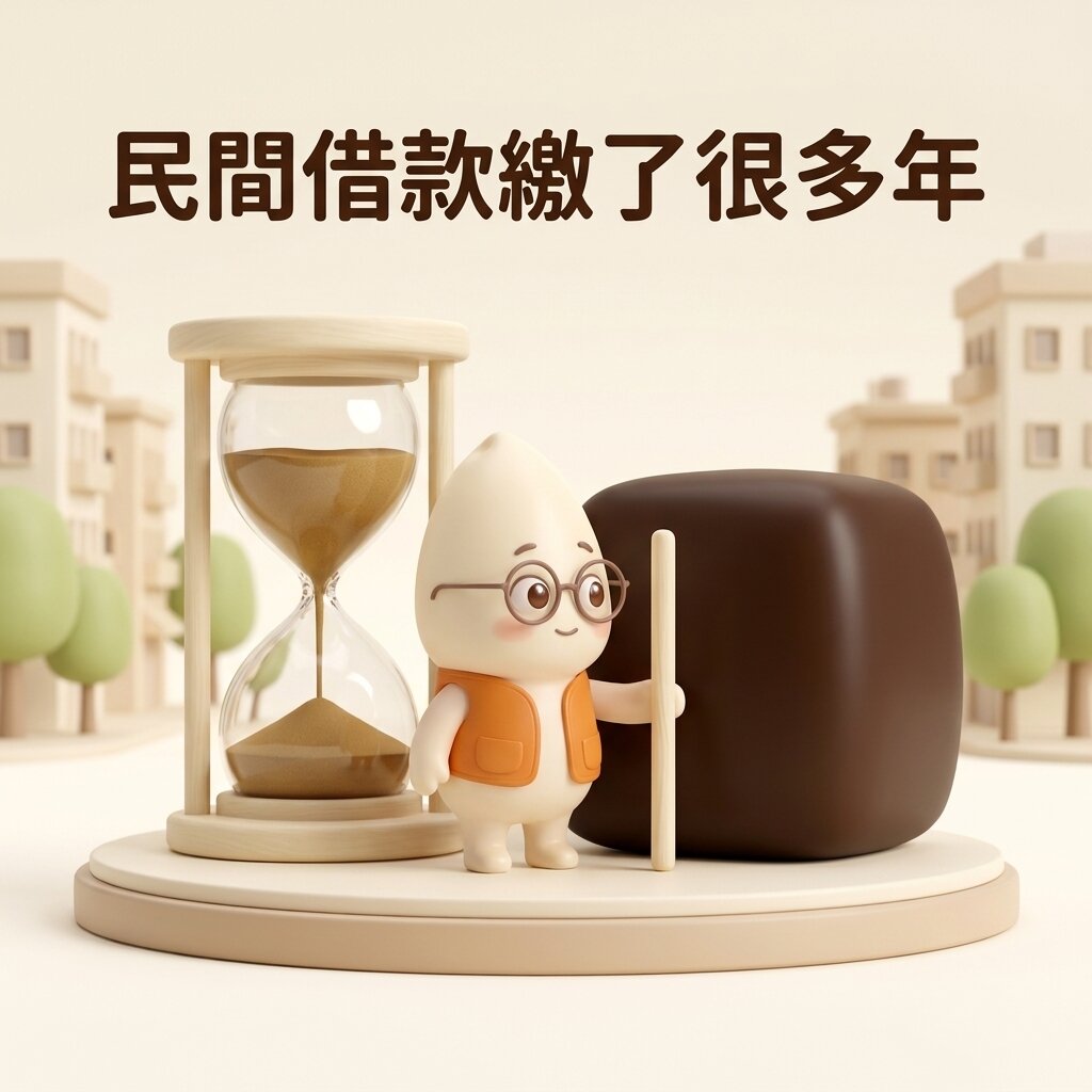 米米站在沙漏與一塊深咖啡色大方塊之間，手持一根素面木棒靠在方塊旁比量高度，上方寫著「民間借款繳了很多年」