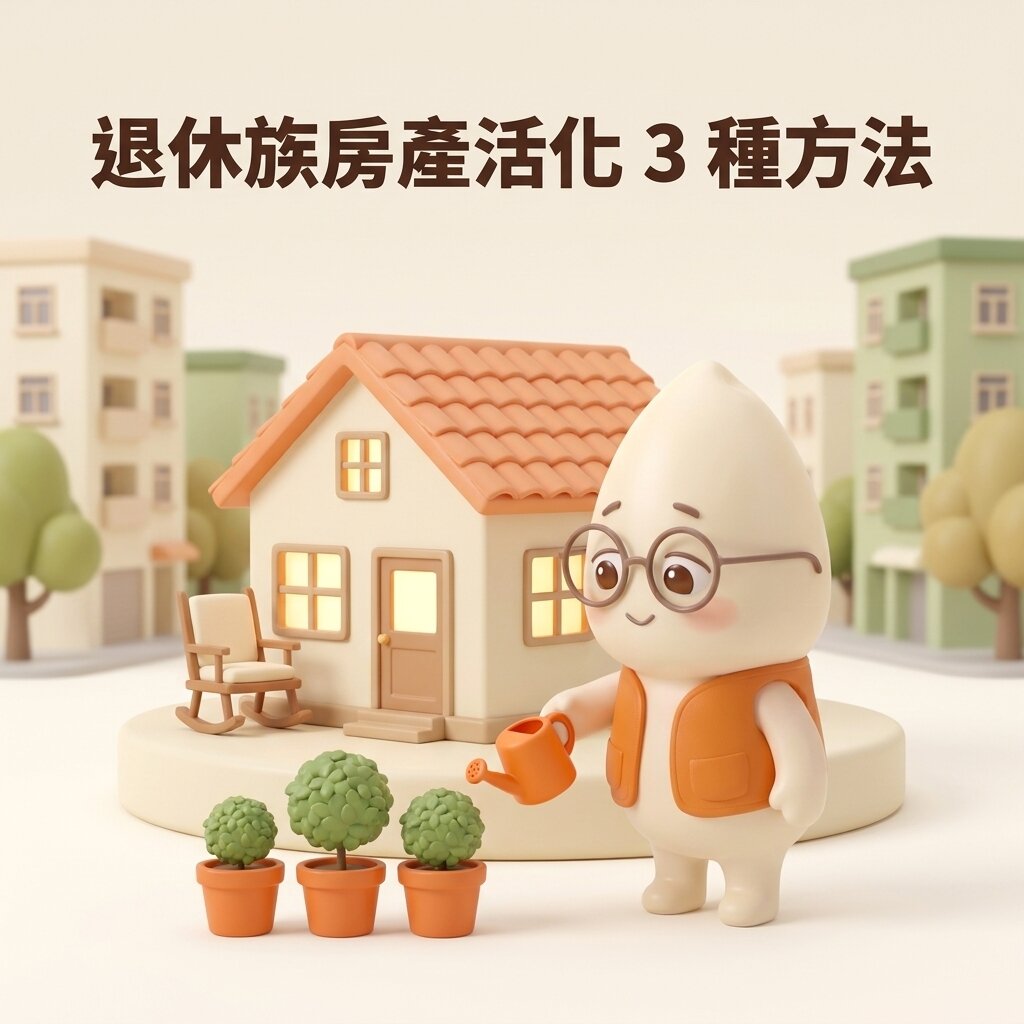 米米拿著橘色澆水壺,澆著屋前三盆大小不一的綠色盆栽,旁邊是亮著燈的小屋與一張空搖椅,上方寫著「退休族房產活化 3 種方法」