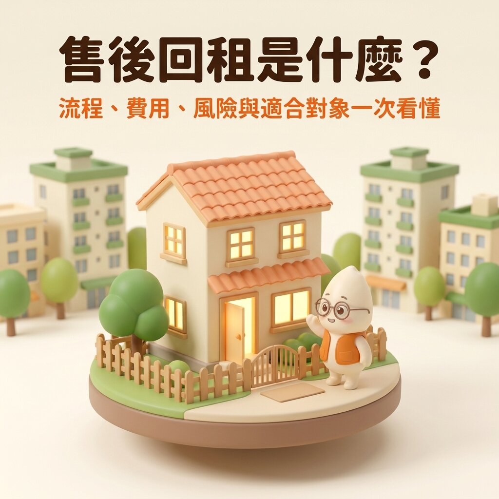 米米站在亮著燈的兩層樓住宅模型前院，朝家門揮手打招呼，上方寫著「售後回租是什麼？流程、費用、風險與適合對象一次看懂」