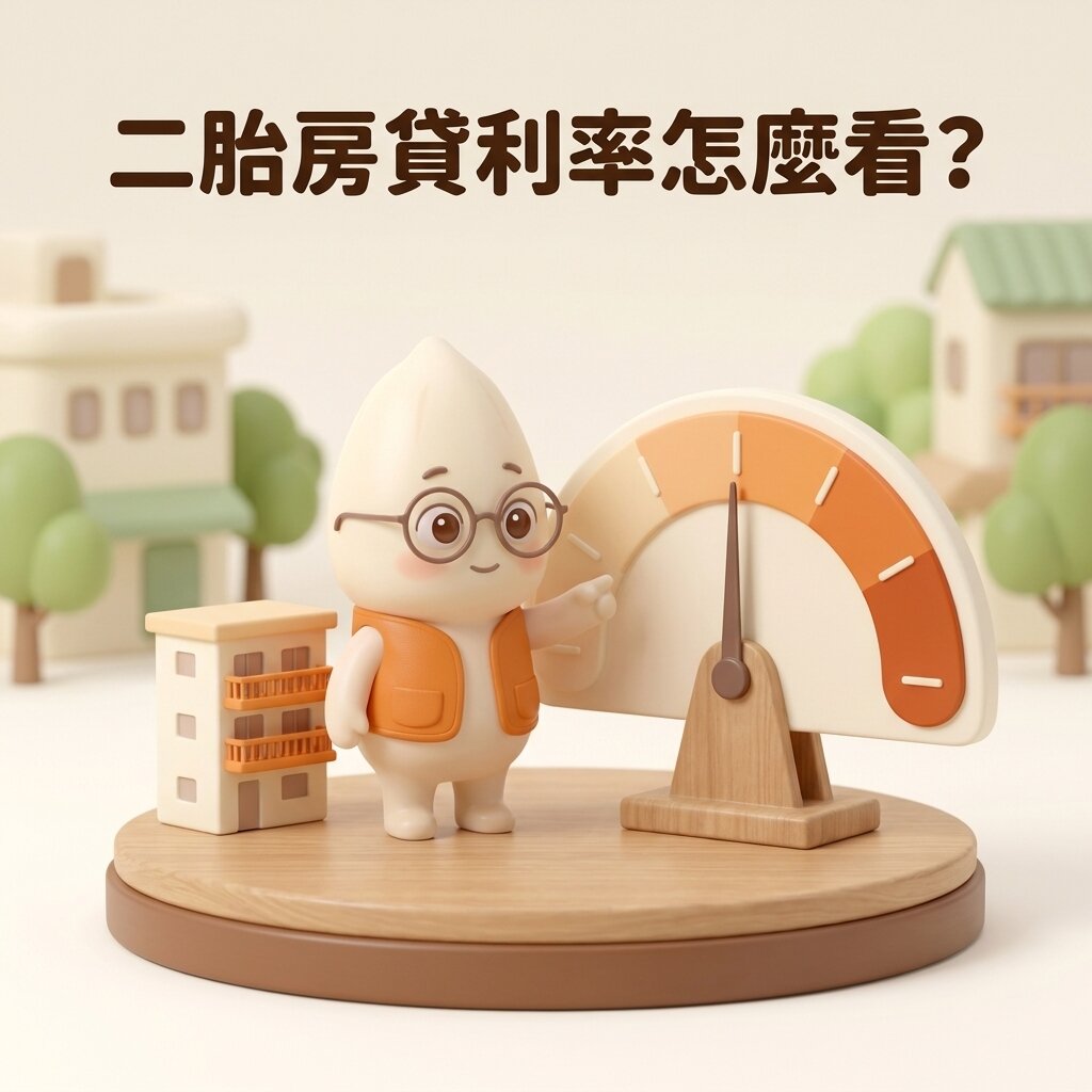米米站在小公寓模型與一座漸層刻度儀表之間，指著儀表的指針，上方寫著「二胎房貸利率怎麼看？」