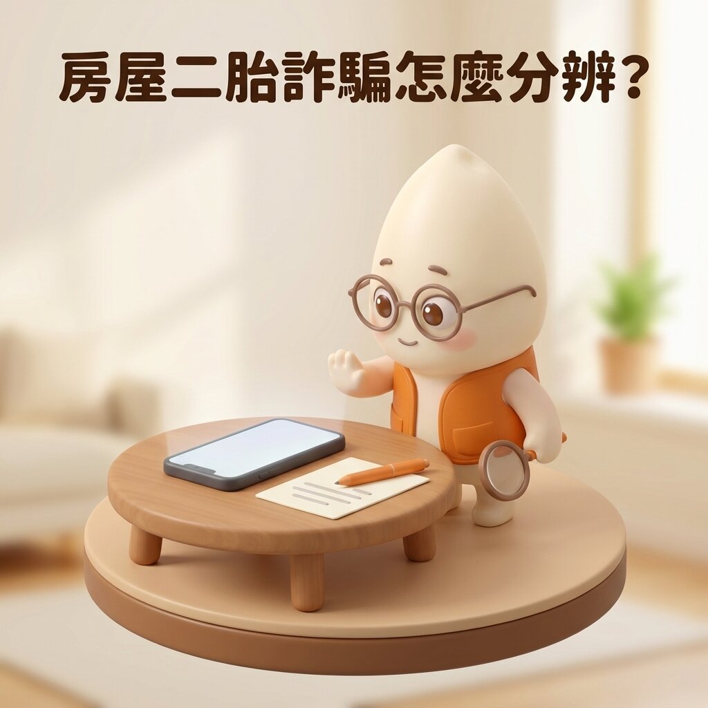 米米站在小圓桌旁，一手舉起示意先停下，一手拿著放大鏡，桌上放著螢幕空白的手機、一張空白紙與一支筆，上方寫著「房屋二胎詐騙怎麼分辨？」