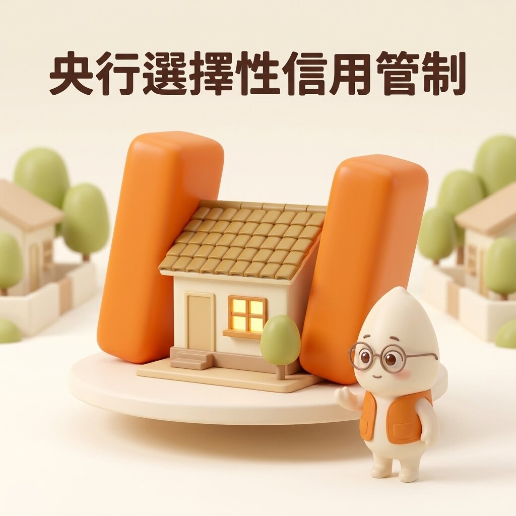 米米站在一棟亮著燈的小住家旁，房子兩側被兩塊高大的橘色方塊往內夾住，上方寫著「央行選擇性信用管制」