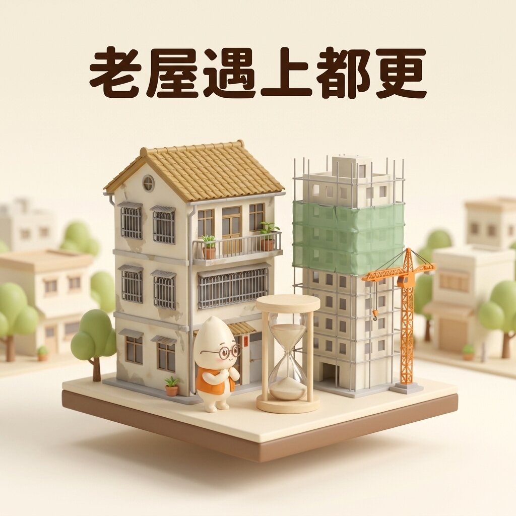 米米雙手合在身前,看著一座沙漏,左側是一棟有鐵窗的三層老屋,右側是包著鷹架、旁邊立著橘色吊車的新建大樓,上方寫著「老屋遇上都更」
