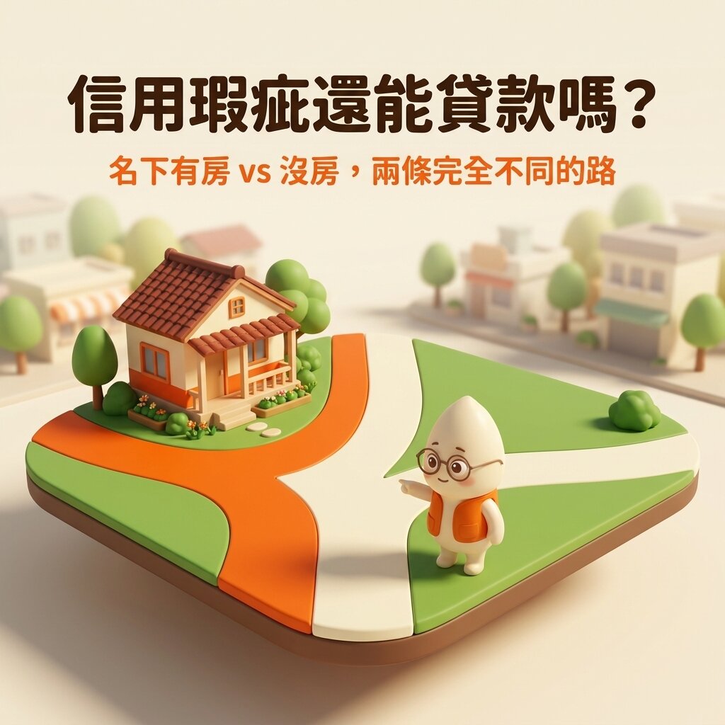 米米站在分成兩條路的岔口前指著分岔點，一條路通往小房子、另一條通往空地，上方寫著「信用瑕疵還能貸款嗎？名下有房 vs 沒房，兩條完全不同的路」