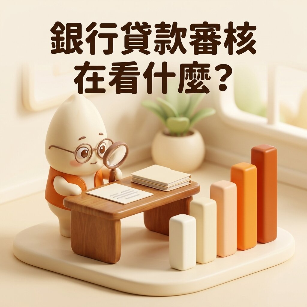 米米拿著放大鏡細看桌上的空白文件,桌旁立著五根高低不同顏色漸變的長條圖,上方寫著「銀行貸款審核在看什麼?」