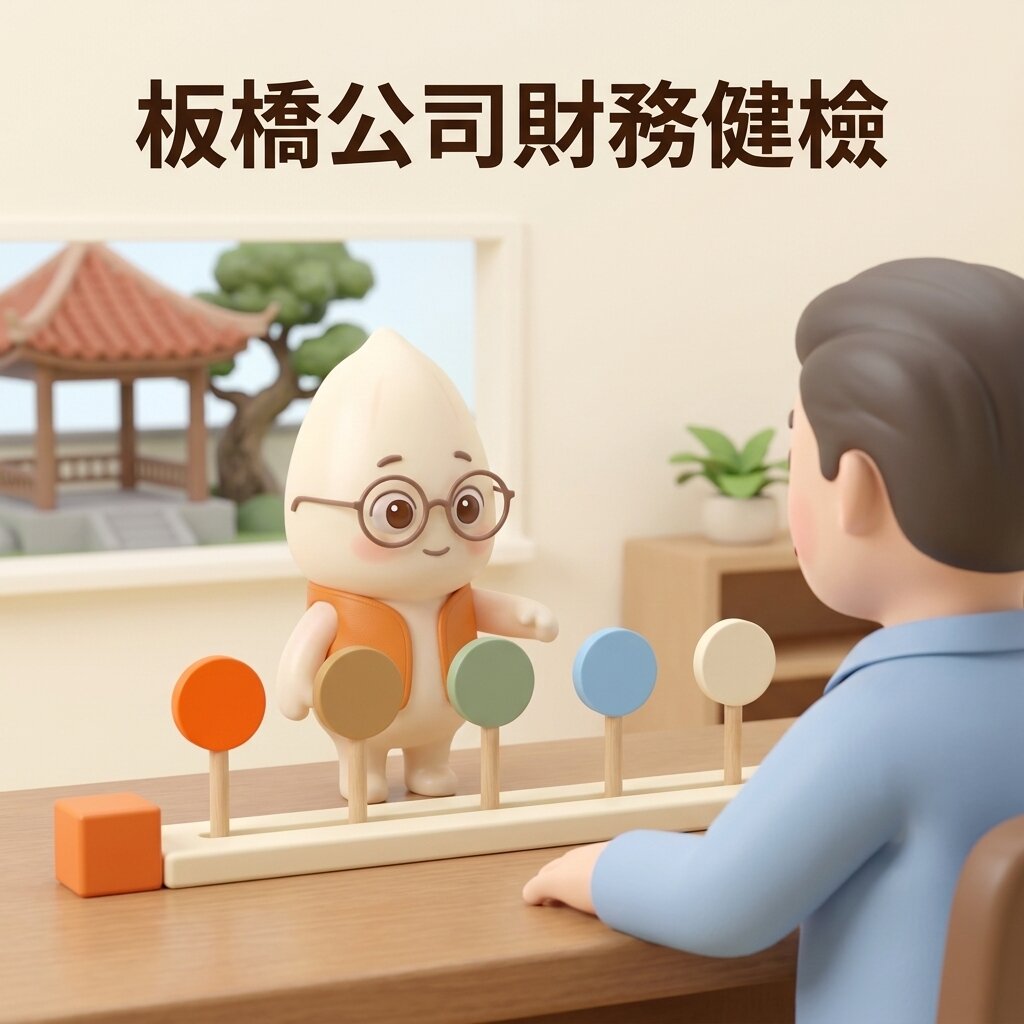 示意情境:米米站在辦公桌上,向背對鏡頭的工程行老闆指著桌上一條直線軌道,軌道上立著五支不同顏色的站牌,起點放著一個橘色小方塊,窗外是簡化的林家花園涼亭,上方寫著「板橋公司財務健檢」